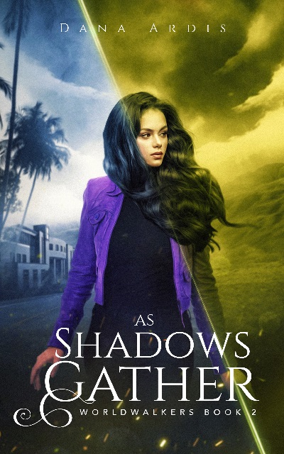 Cover image of As Shadows Gather, book 2 of the Worldwalker series. A brown-haired young woman who is glancing back over her shoulder walks between a split background of a tropical city and a brewing storm.
